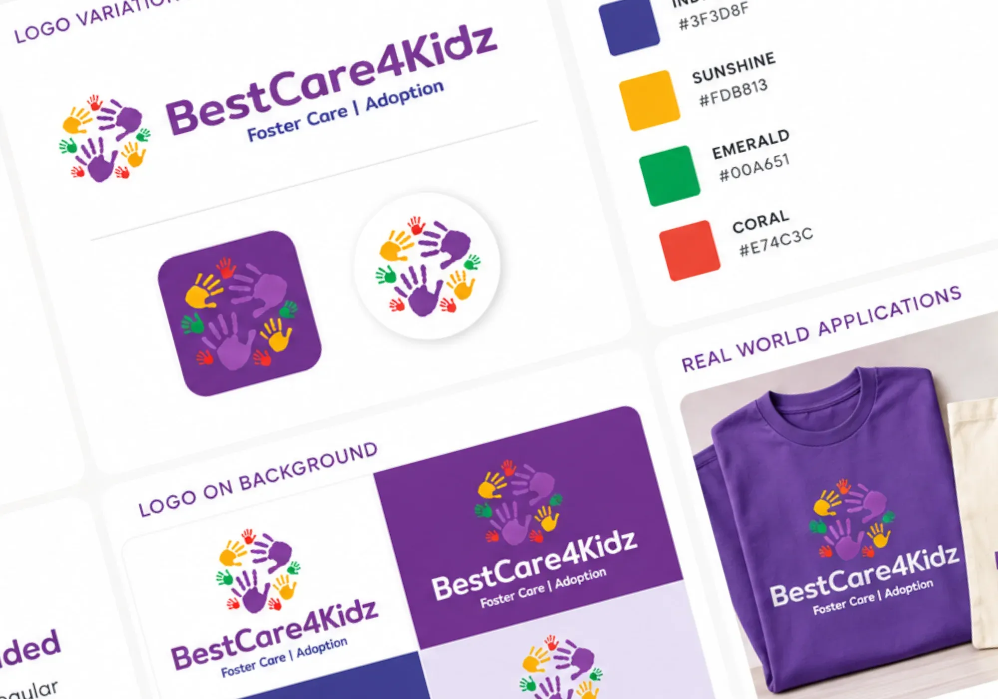 The Best Care 4 Kids brand system: logo variations, color palette, and real-world applications