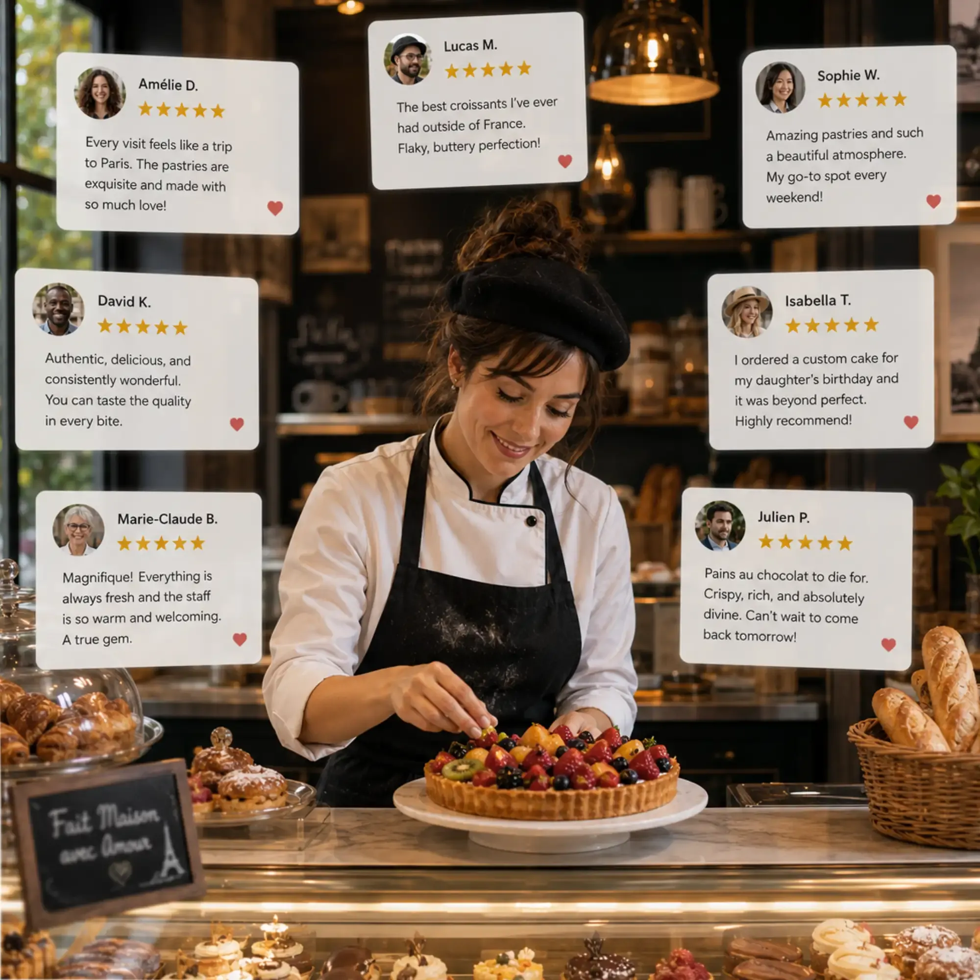 A smiling bakery owner garnishing a fruit tart, surrounded by floating five-star customer review cards