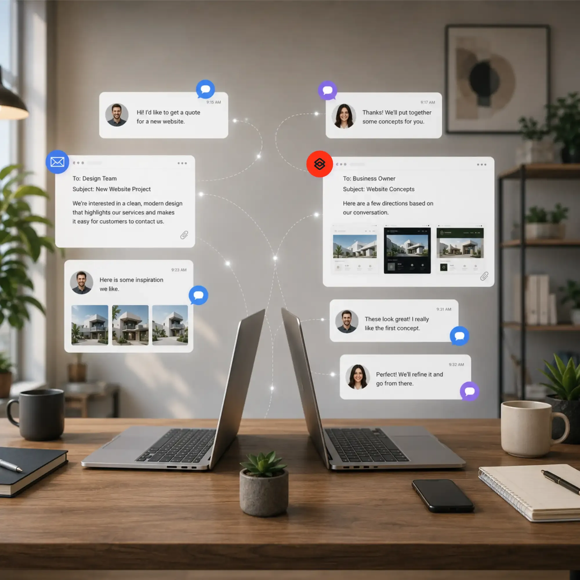 A design project unfolding as a conversation between a business owner and the Square team — from the first quote request to refined website concepts.