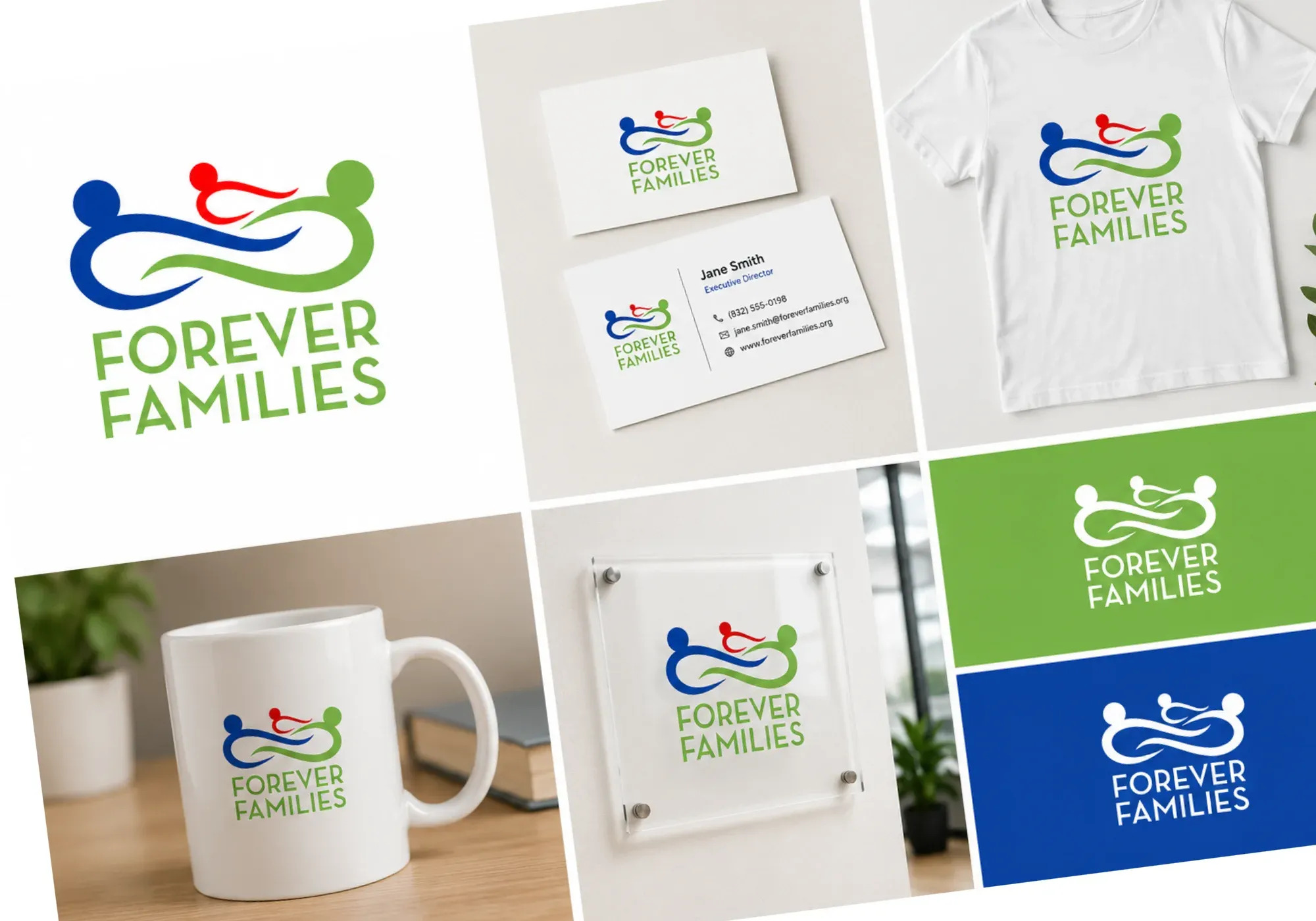 The Forever Families brand system: the logo across a business card, t-shirt, mug, and signage