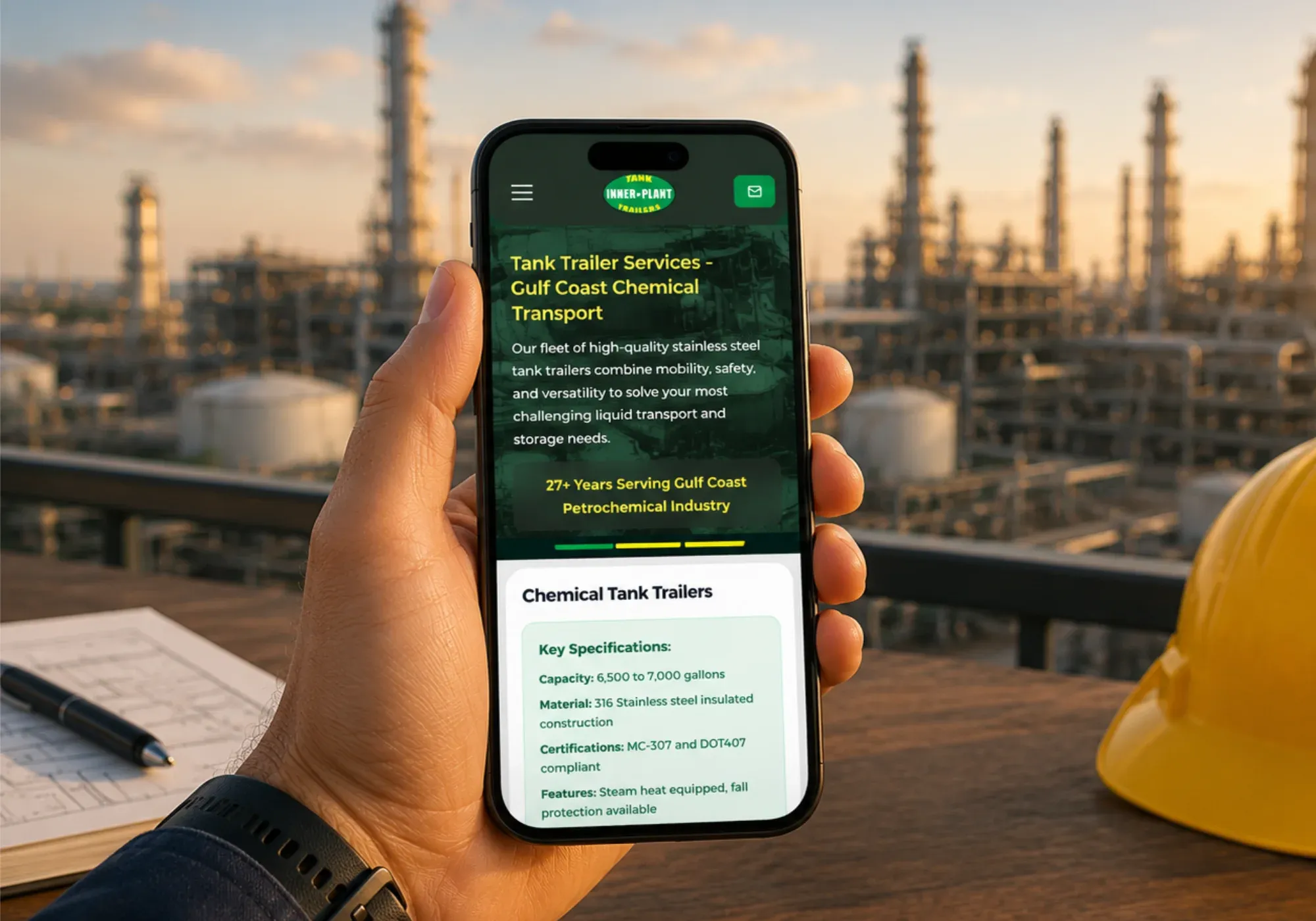 The Inner-Plant Tank Trailers website on a mobile phone, listing chemical tank trailer specifications