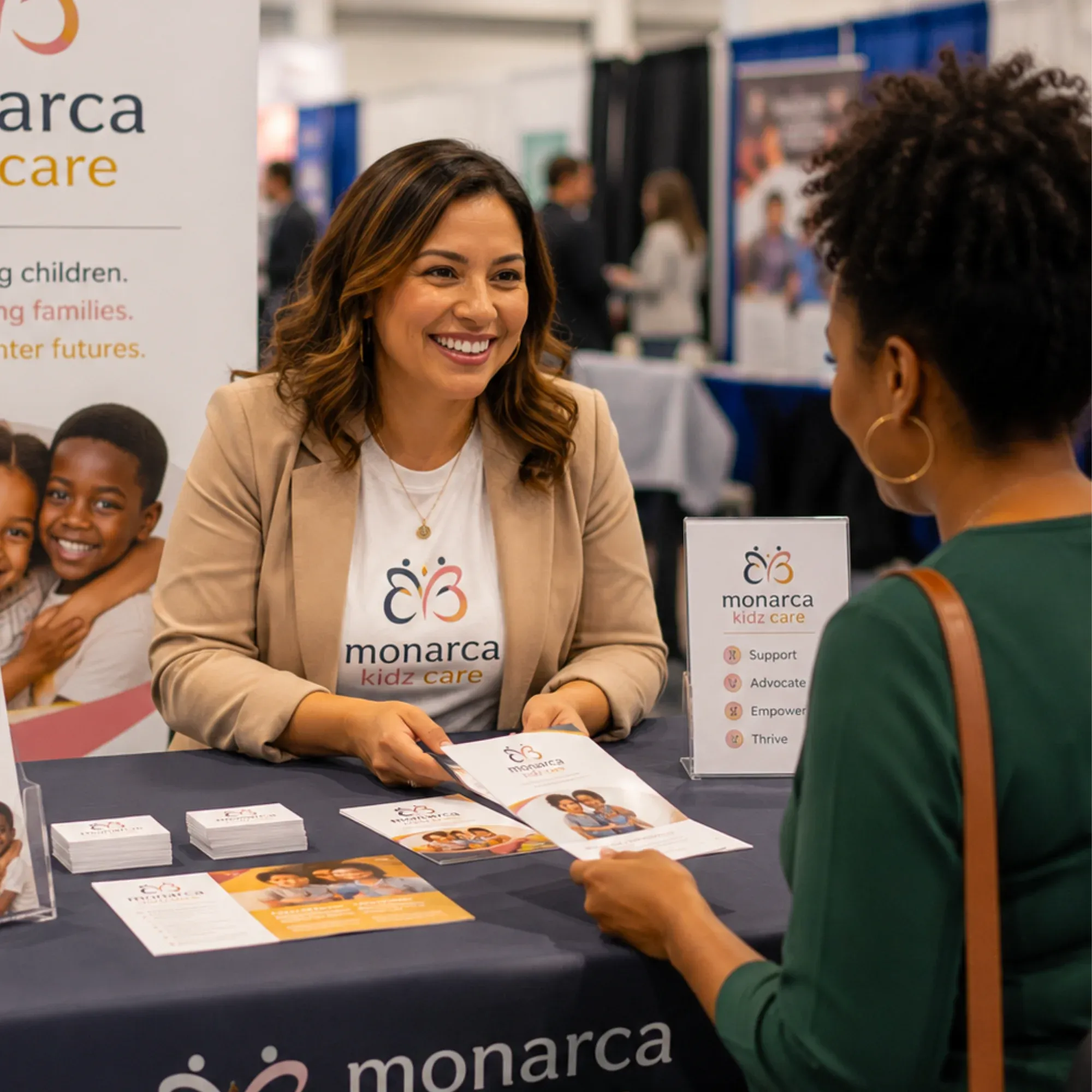 A smiling nonprofit representative sharing branded materials with a visitor at a professionally designed exhibition booth