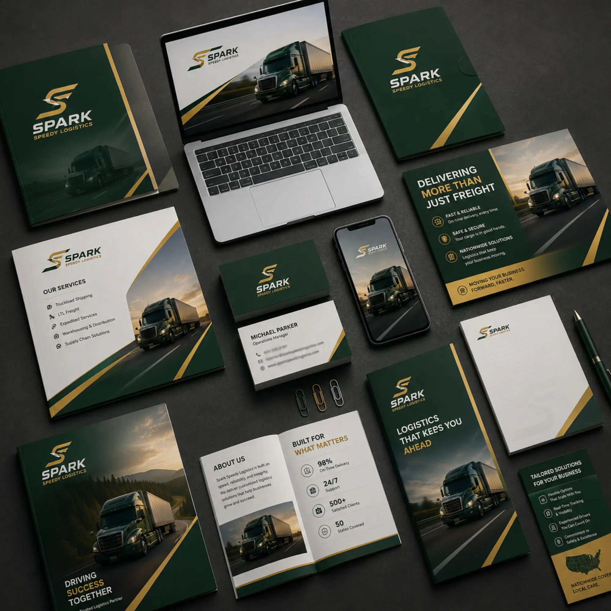 A cohesive brand identity and marketing collateral set (folders, business cards, brochures, and device mockups) unified in a green and gold visual system